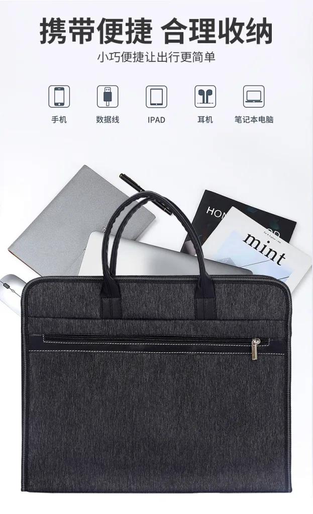 Employee Welcome Kits: Why Custom Briefcases and Laptop Bags Are Perfect for New Hire Onboarding 1 Employee Welcome Kit for phone, charging cable, iPad, headphones, and laptop with front zipper pocket