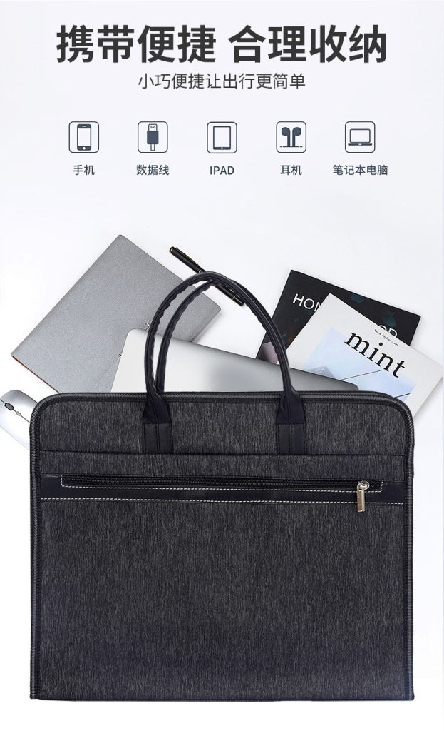 Employee Welcome Kits: Why Custom Briefcases and Laptop Bags Are Perfect for New Hire Onboarding 1 Employee Welcome Kit for phone, charging cable, iPad, headphones, and laptop with front zipper pocket