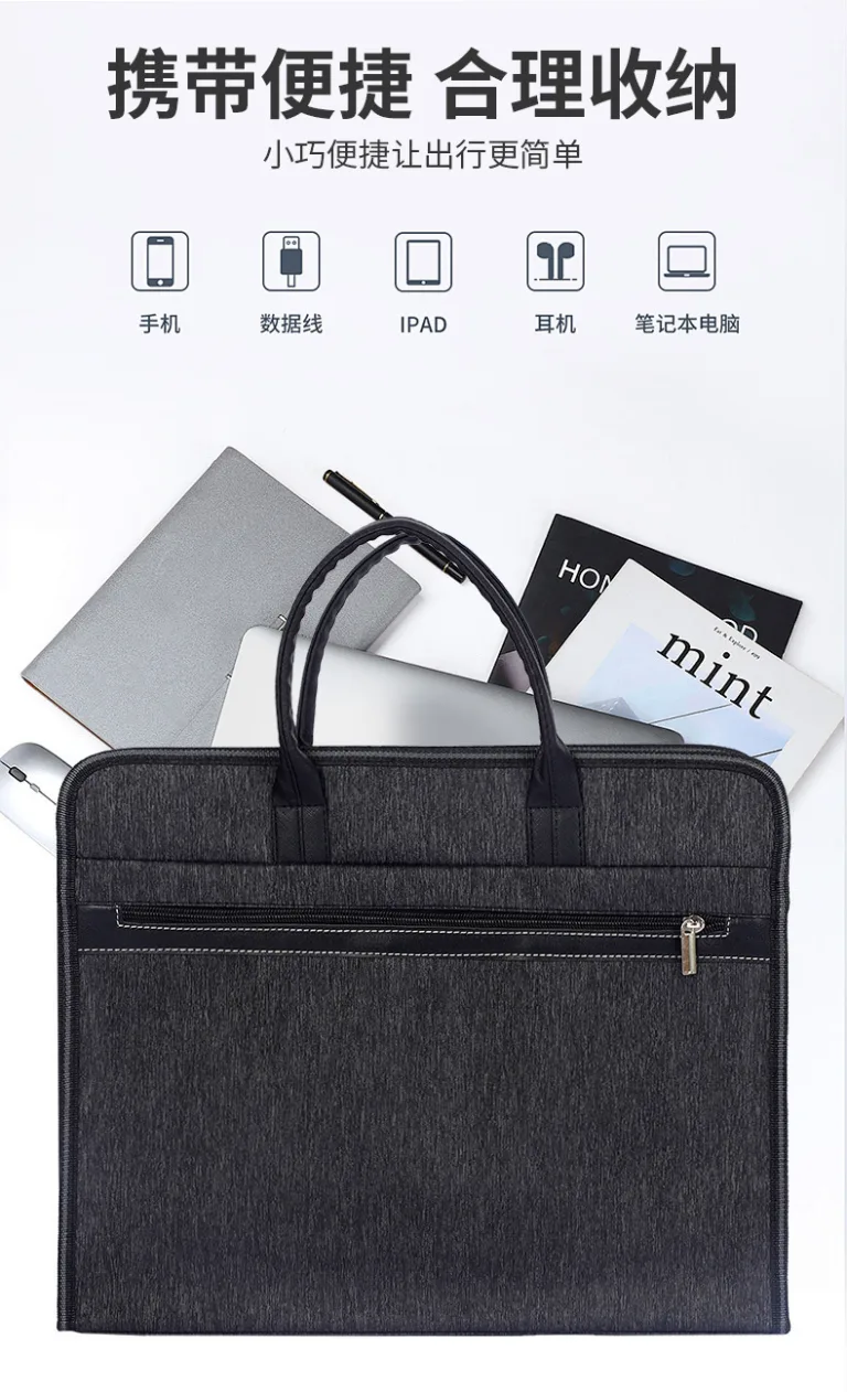 Employee Welcome Kit for phone, charging cable, iPad, headphones, and laptop with front zipper pocket