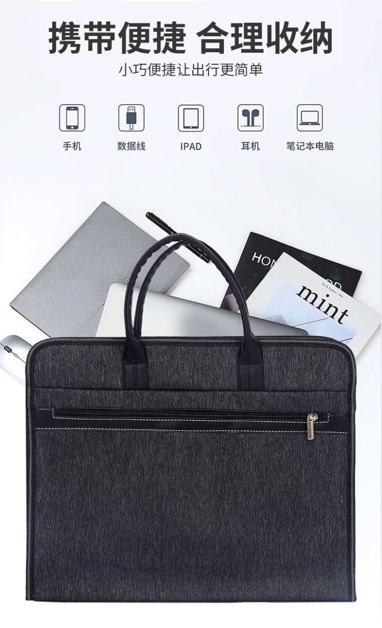 Employee Welcome Kit for phone, charging cable, iPad, headphones, and laptop with front zipper pocket