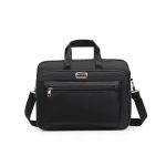 Black laptop briefcase with handles, shoulder strap, and front zip pocket