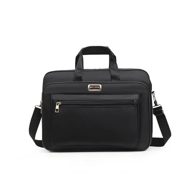 Black laptop briefcase with handles, shoulder strap, and front zip pocket