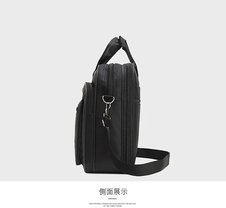 Side view of a black shoulder bag with a strap and multiple zippered compartments