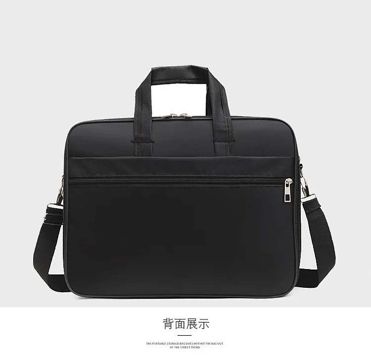 Black laptop briefcase with handles and shoulder strap, shown from the back