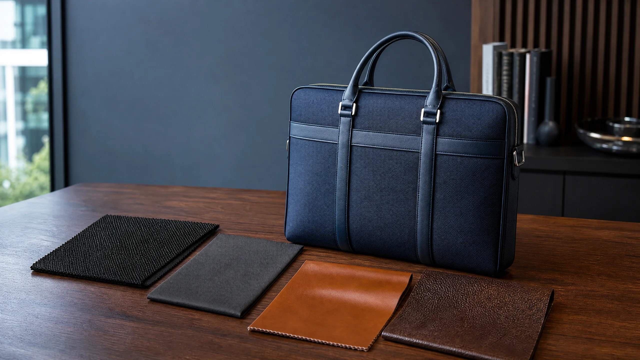Business briefcase materials including Oxford fabric, nylon, PU and leather
