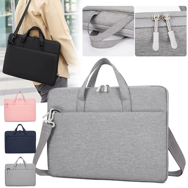 Overview collage of Model 162 custom laptop briefcase bag with details of handle, zipper and shoulder strap