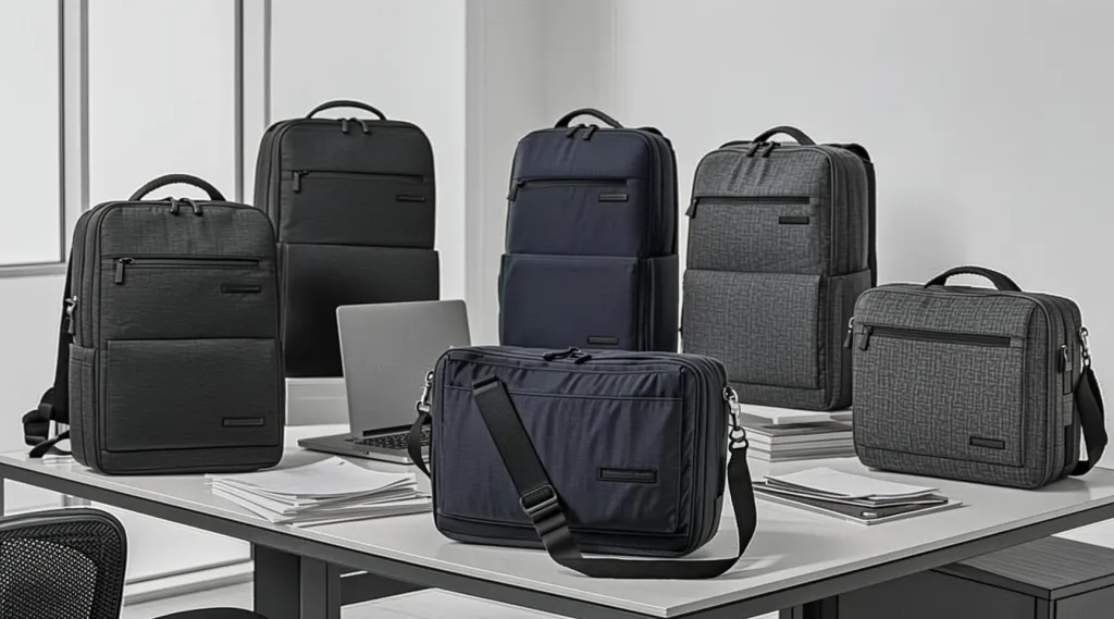 Types of Business Bags for Work: A Practical Guide to Briefcases, Laptop Bags, Satchels and More 1 Briefcase laptop bag satchel messenger bag and conference bag arranged in a modern office