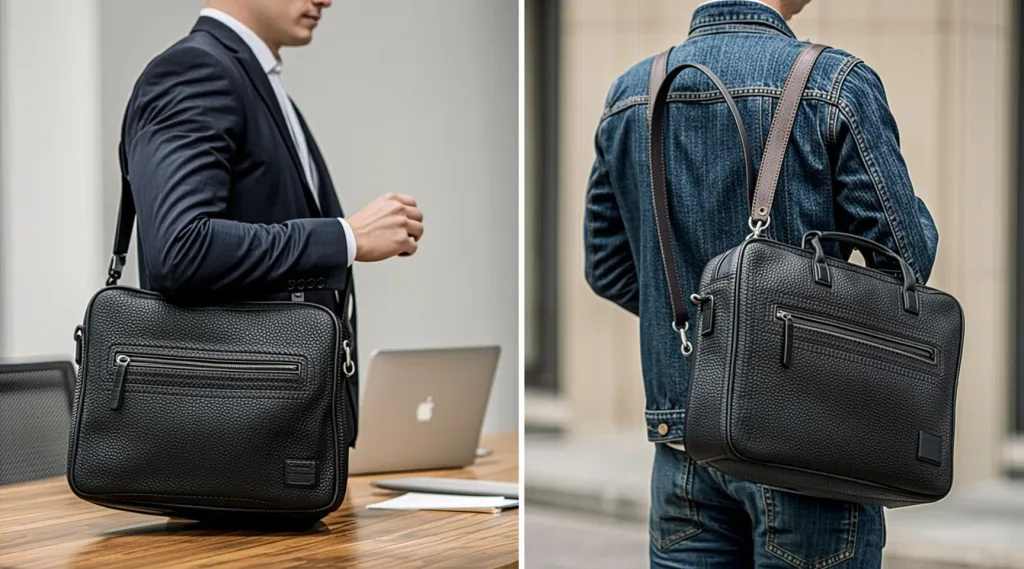 Comparison of shoulder and crossbody messenger bag styles for work