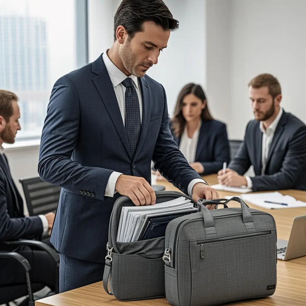 Business professional choosing between portfolio bag and briefcase for a meeting
