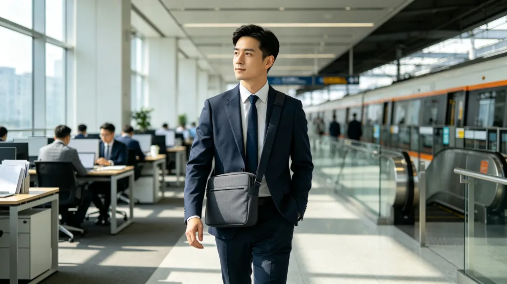 Photorealistic business lifestyle scene of a professional employee walking through a modern office and transit-connected workplace while carrying a slim Oxford fabric crossbody laptop bag