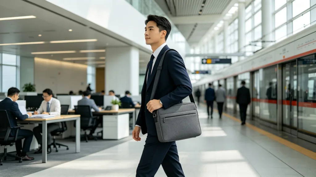 Professional employee carrying a crossbody laptop bag during a business commute