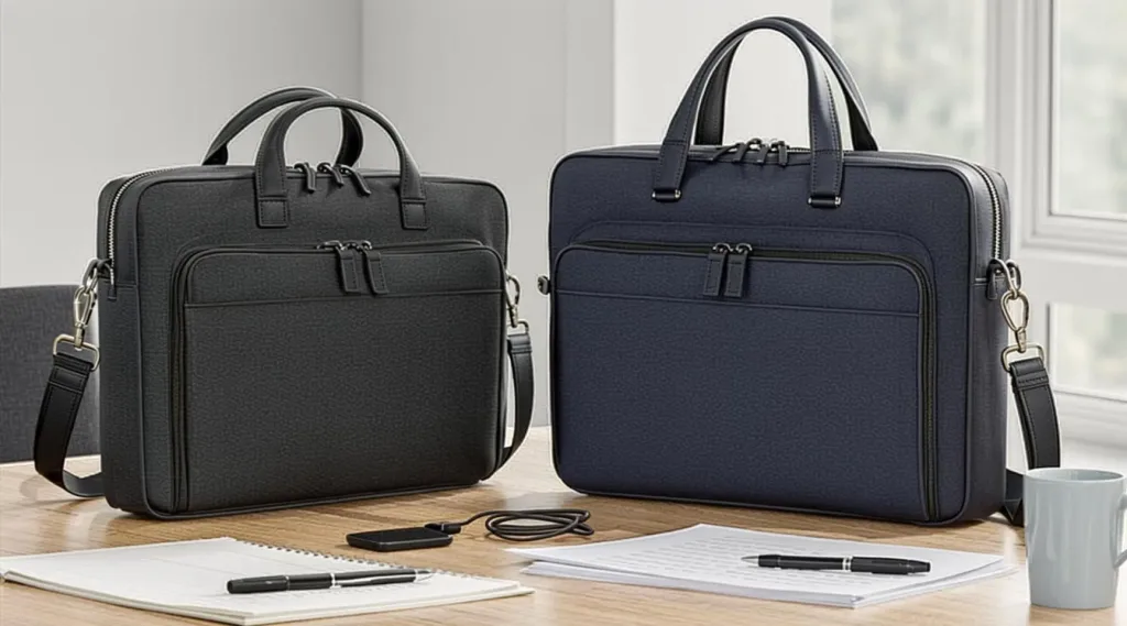 Professional satchel bag and structured briefcase placed side by side in a modern office
