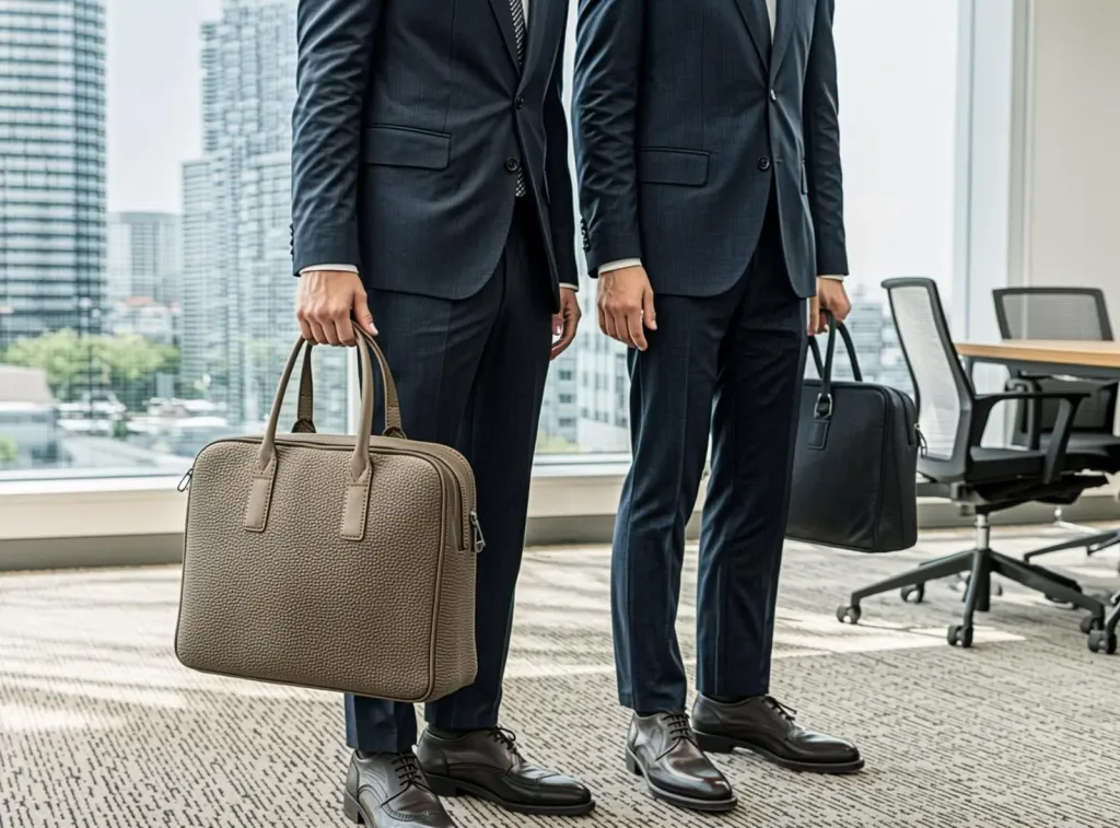 Business professionals using a satchel bag and briefcase in different work environments