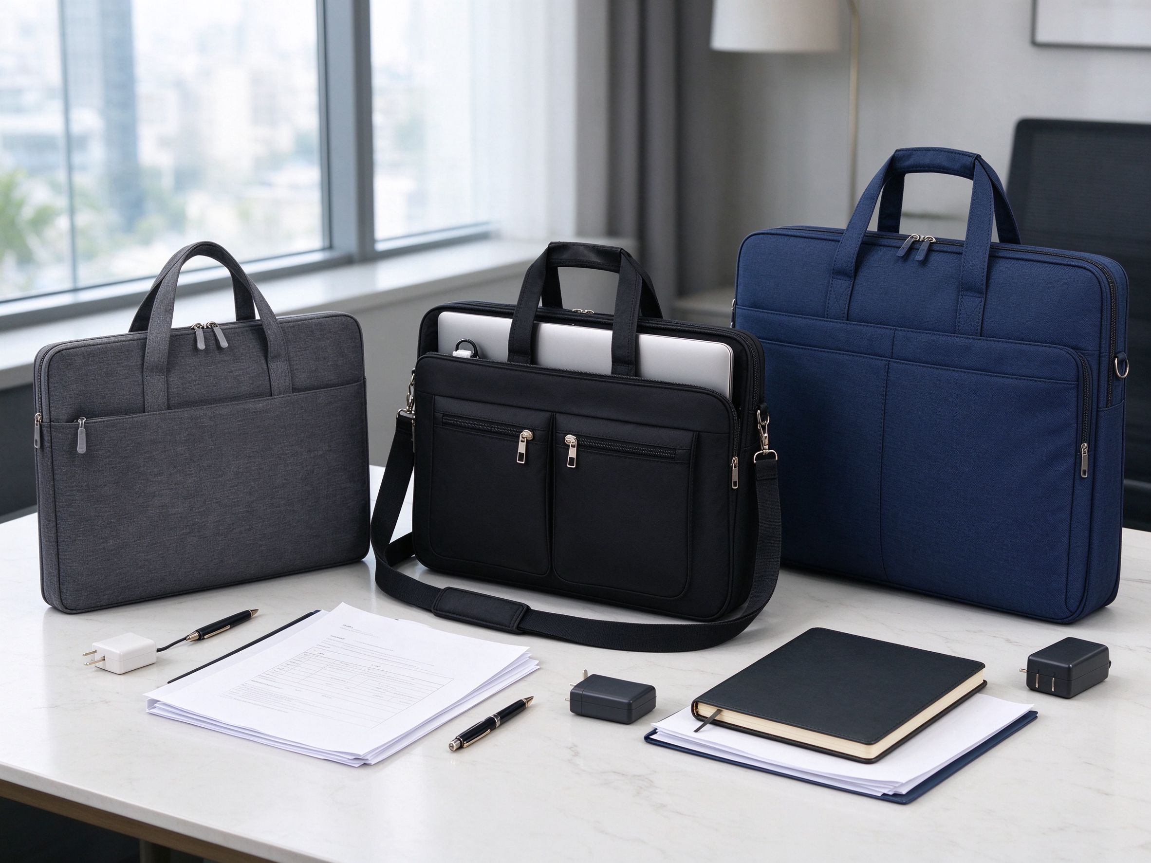 Different modern briefcase styles for laptop work documents commuting and business meetings