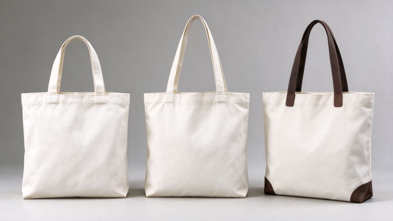 Comparison of short self-fabric handles and long webbing handles on canvas tote bags
