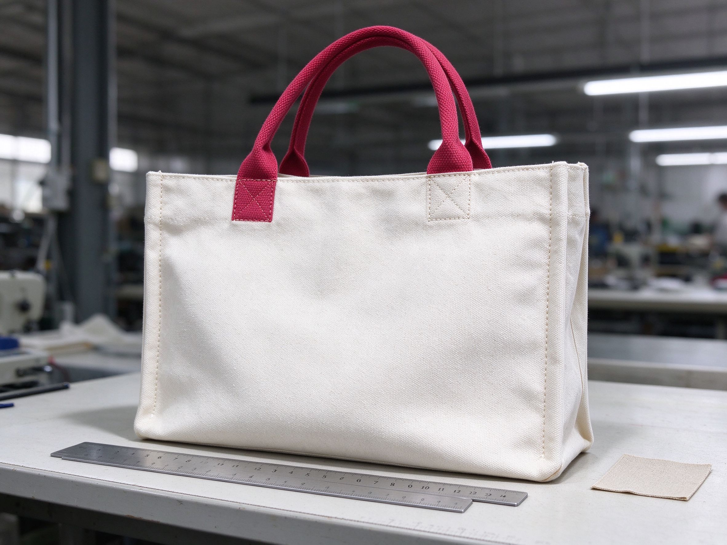 Close-up inspection of canvas tote bag stitching, handle attachment and fabric texture with a metal ruler