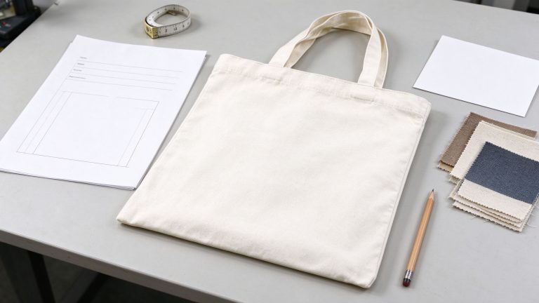 Custom canvas tote bag sample beside a specification sheet, fabric swatches, measuring tape and logo artwork