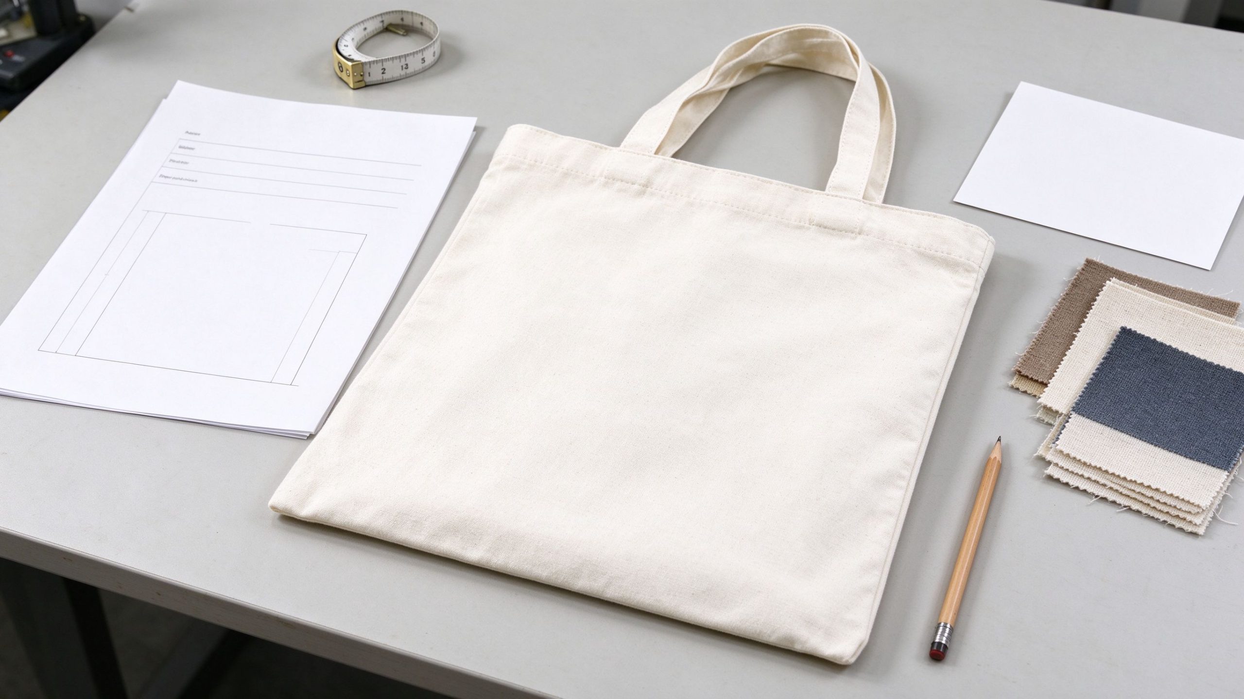 Custom canvas tote bag sample beside a specification sheet, fabric swatches, measuring tape and logo artwork