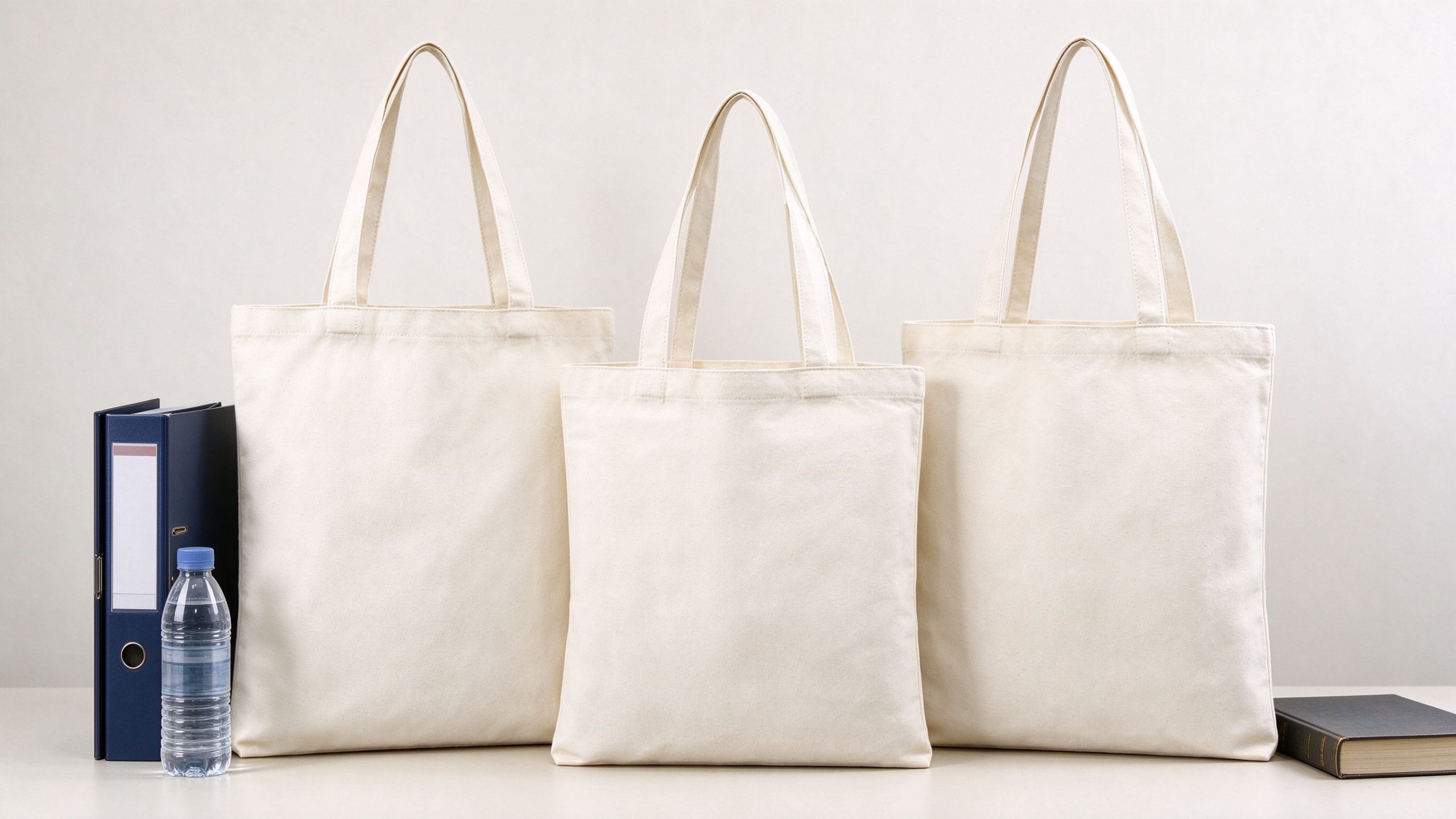 Custom Canvas Tote Bag Size Guide: How to Choose the Right Dimensions 45 Три холщовые сумки разного размера с папкой А4, бутылкой и книгой для сравнения размеров