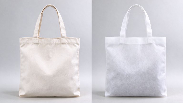 Close-up comparison of woven canvas fabric and non-woven bag material