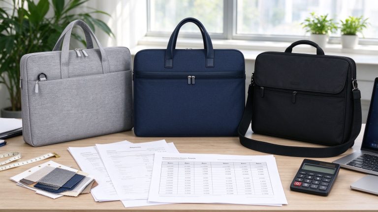 Custom bag manufacturer quotes comparison: procurement desk with three business bags, quotation sheets and specification tables