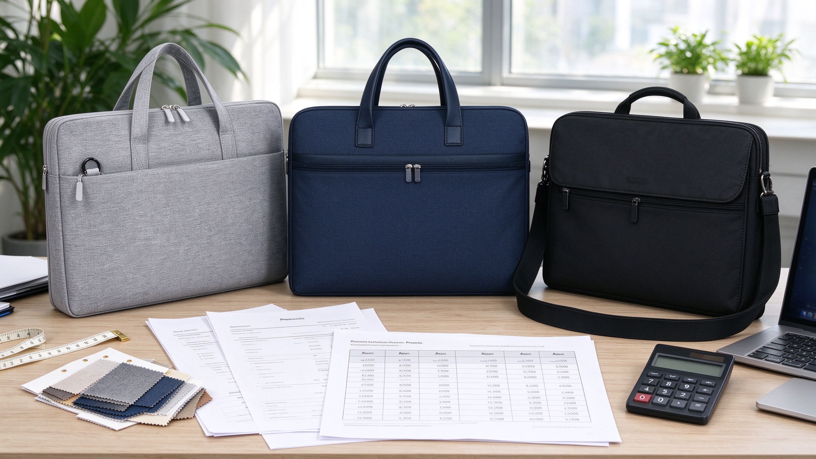 Custom bag manufacturer quotes comparison: procurement desk with three business bags, quotation sheets and specification tables