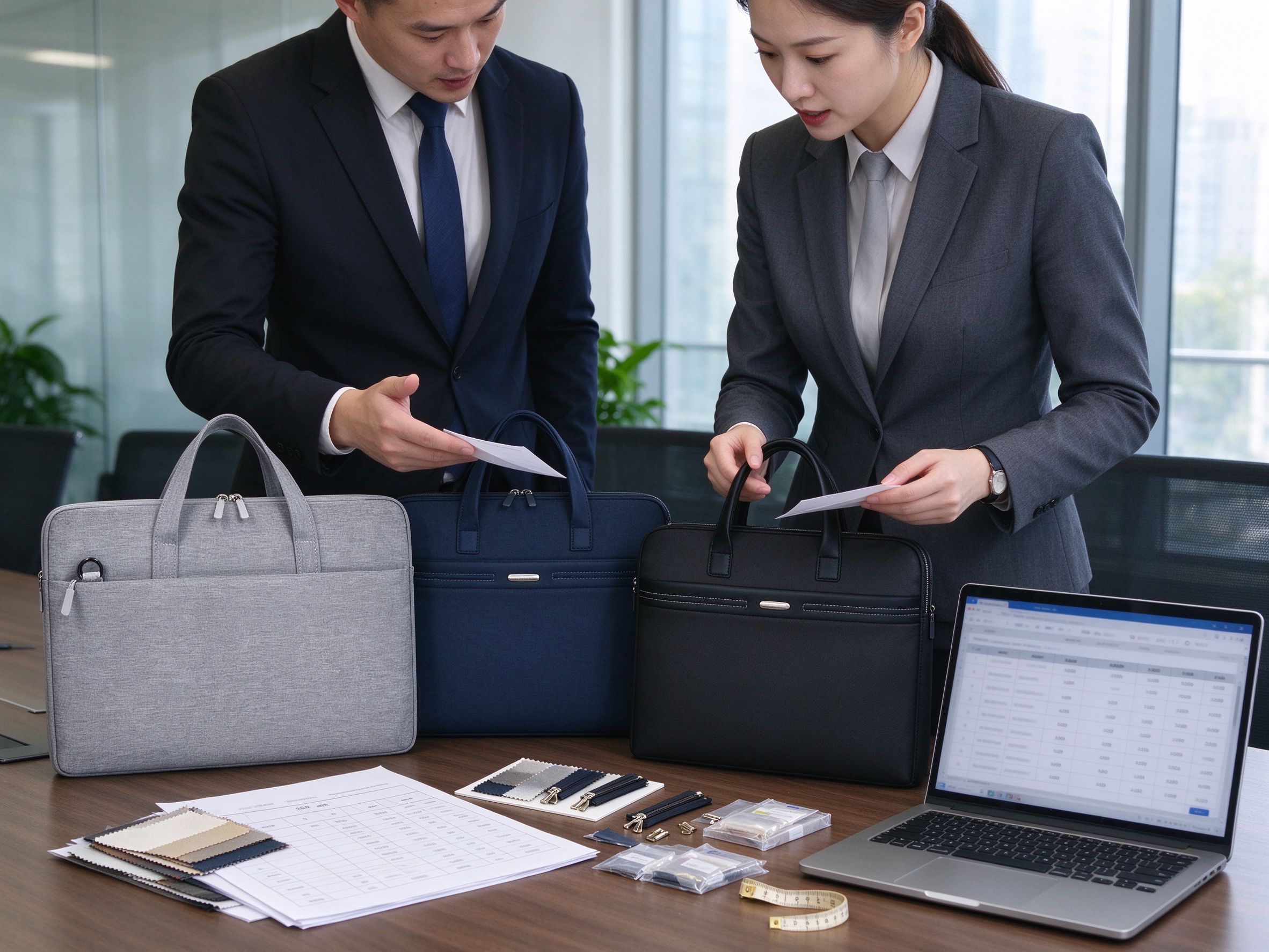 Procurement team comparing custom business bag specifications, pricing and shipping terms with product samples