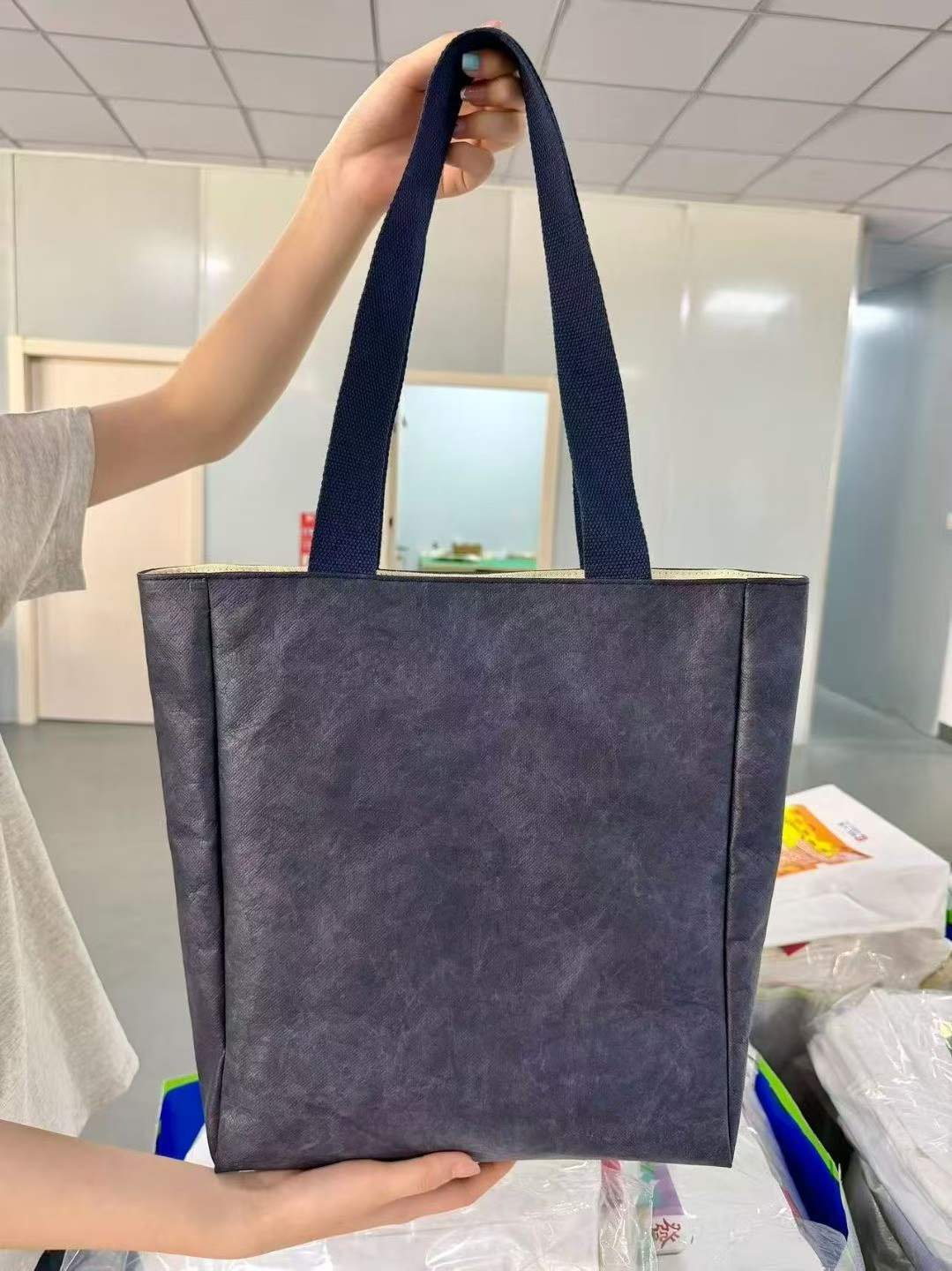 Custom DuPont Paper Tote Bag - Canvas-Lined, 4 Colors 6 DuPont paper tote bag in navy with canvas handles