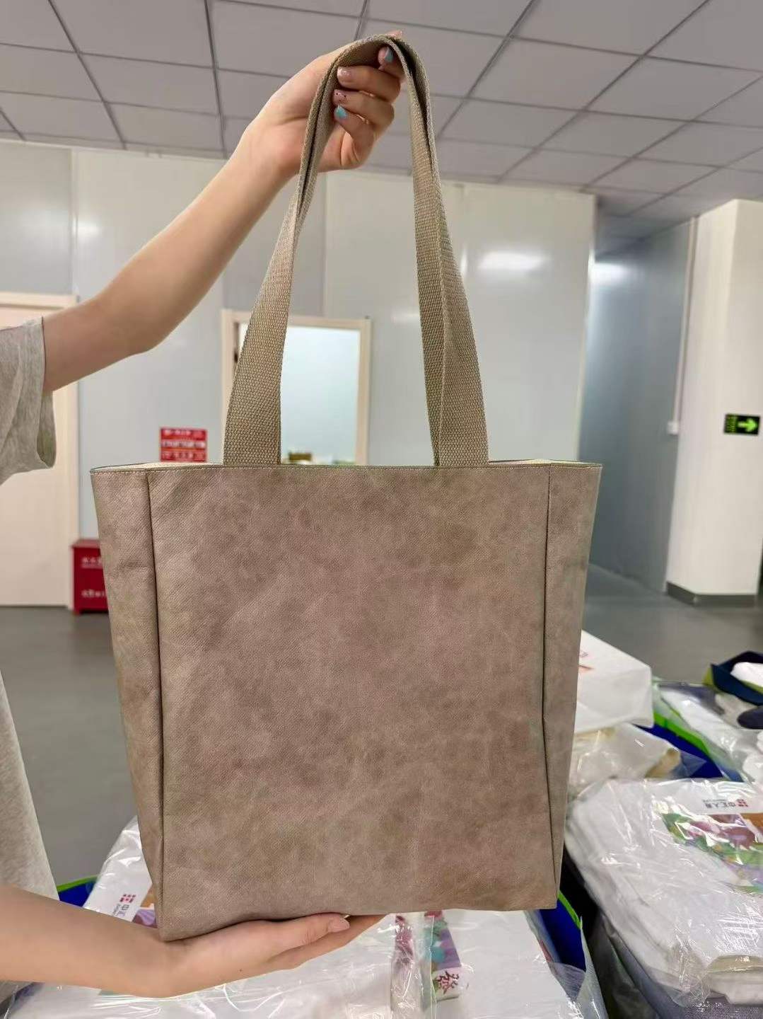 Custom DuPont Paper Tote Bag - Canvas-Lined, 4 Colors 5 DuPont paper tote bag in taupe with canvas handles