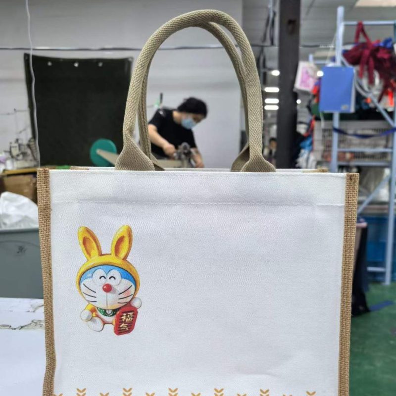 Jute and canvas spliced tote bag with custom front print and jute side panels