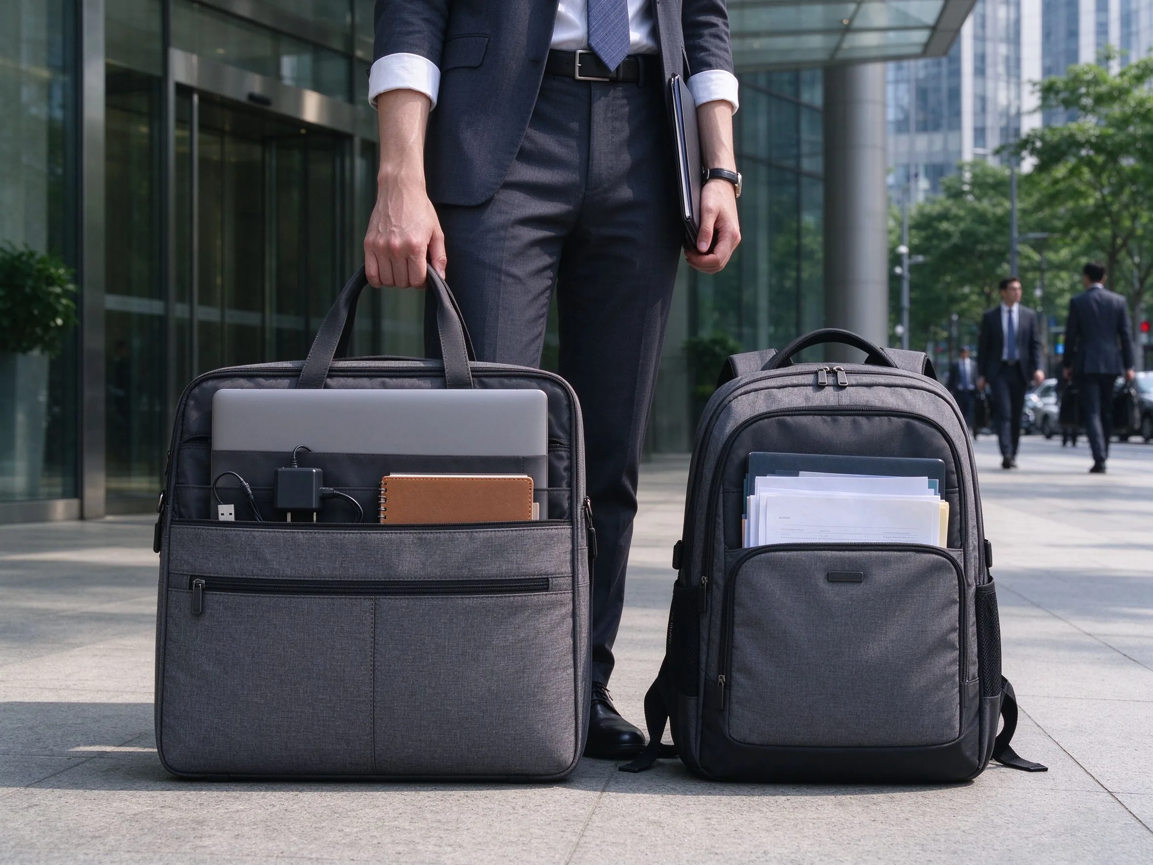 Laptop Bag vs Backpack for Work: Which One Is Better? 1 Professional commuter weighing the laptop bag vs backpack for work choice outside an office building