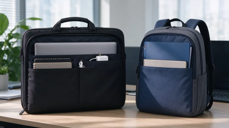 Laptop bag vs backpack for work comparison: briefcase and backpack with laptop, charger, documents and notebook on a desk