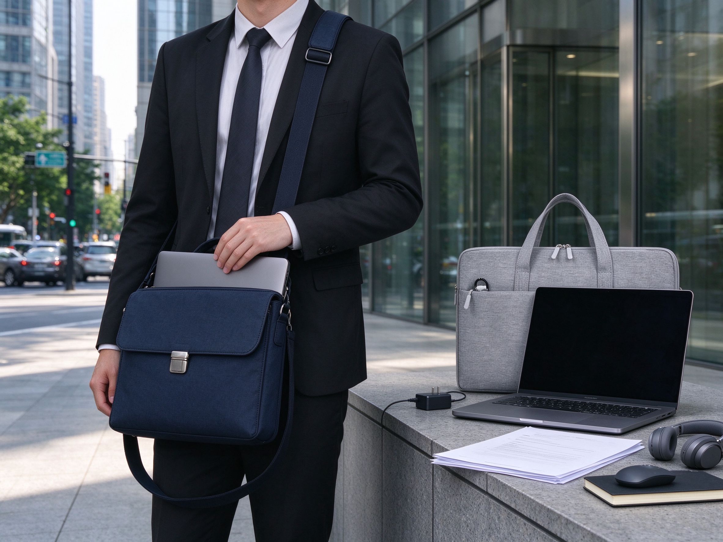 Professional commuter comparing a laptop bag and messenger bag for office travel