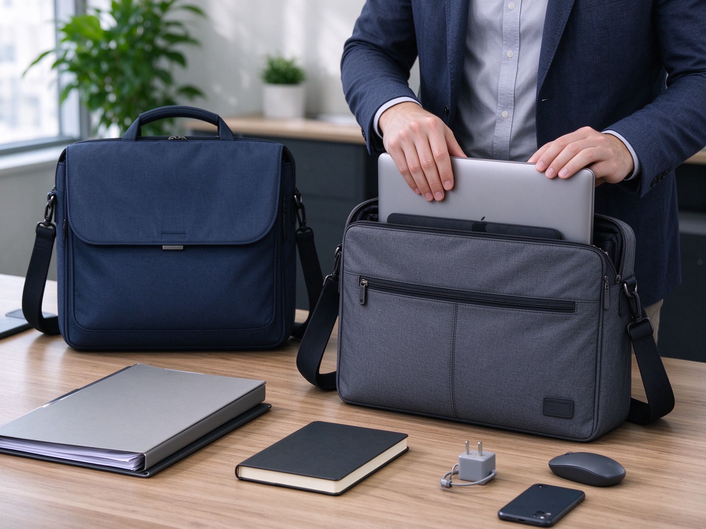Messenger bag sizing comparison showing laptop fit, document storage and daily work essentials