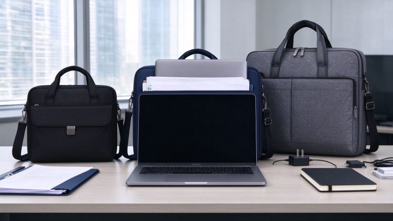 Professional messenger bags in different sizes arranged beside a laptop, A4 folder and office accessories