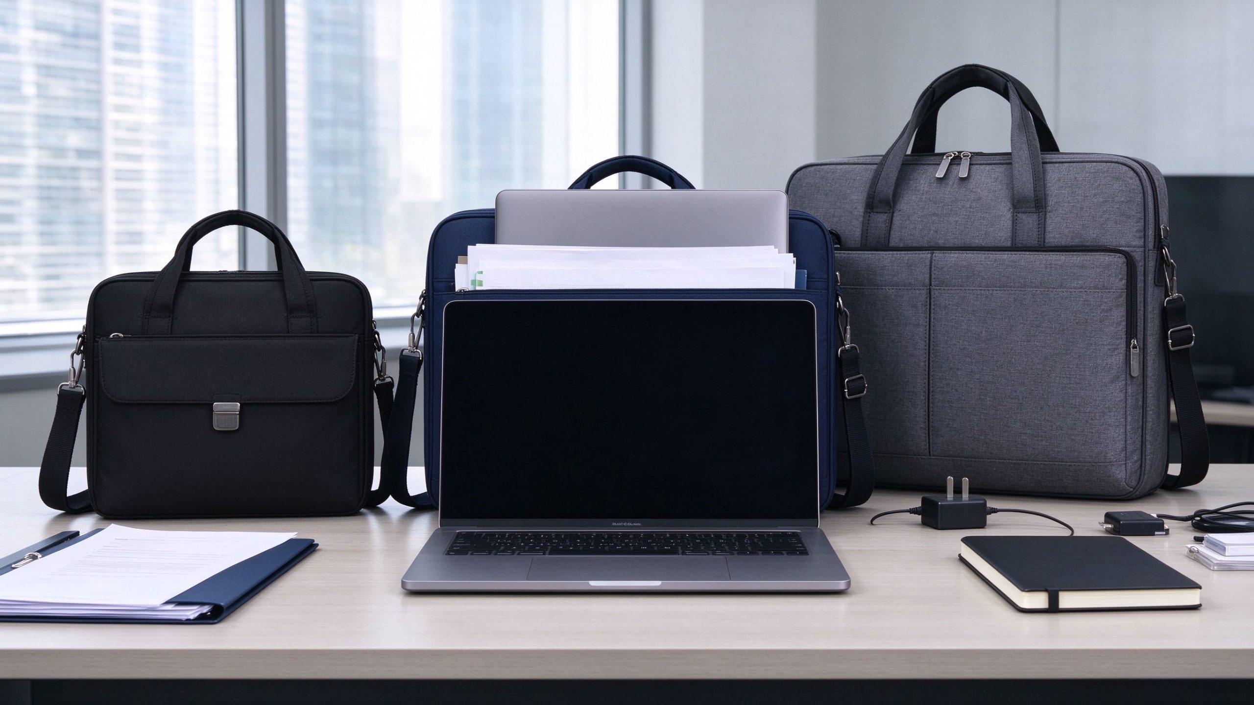 Messenger Bag Size Guide for Work: How to Choose the Right Size for Your Laptop and Daily Essentials 50 Professional messenger bags in different sizes arranged beside a laptop, A4 folder and office accessories