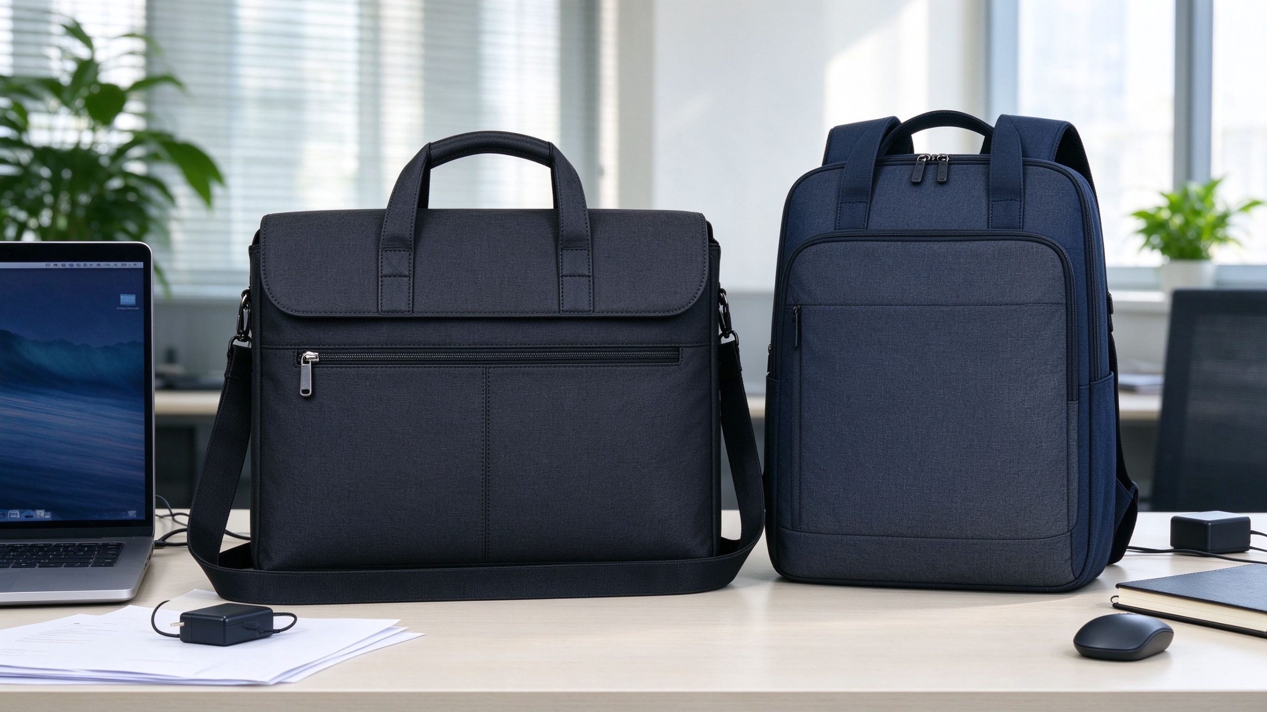 Messenger Bag vs Backpack for Work: Which Is Better? 54 Messenger bag vs backpack for work: professional messenger bag and laptop backpack compared on an office desk
