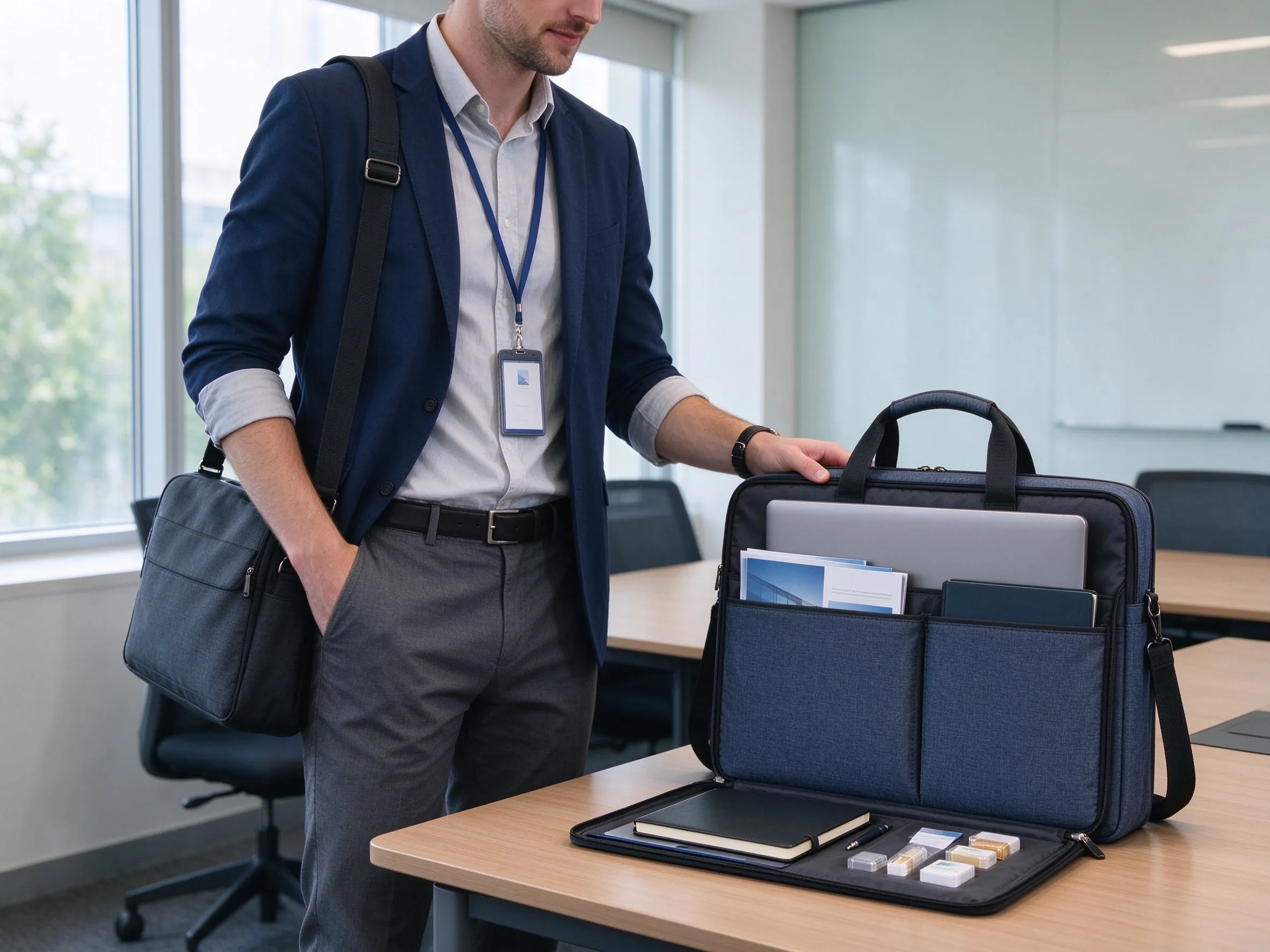 Sales representative carrying a professional business bag with laptop documents and product samples to a client meeting