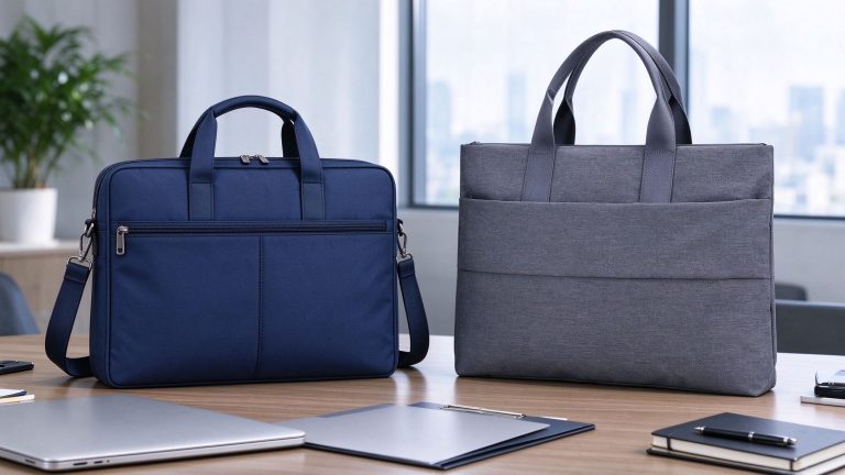 Structured satchel bag and professional tote bag compared side by side with a laptop and office documents