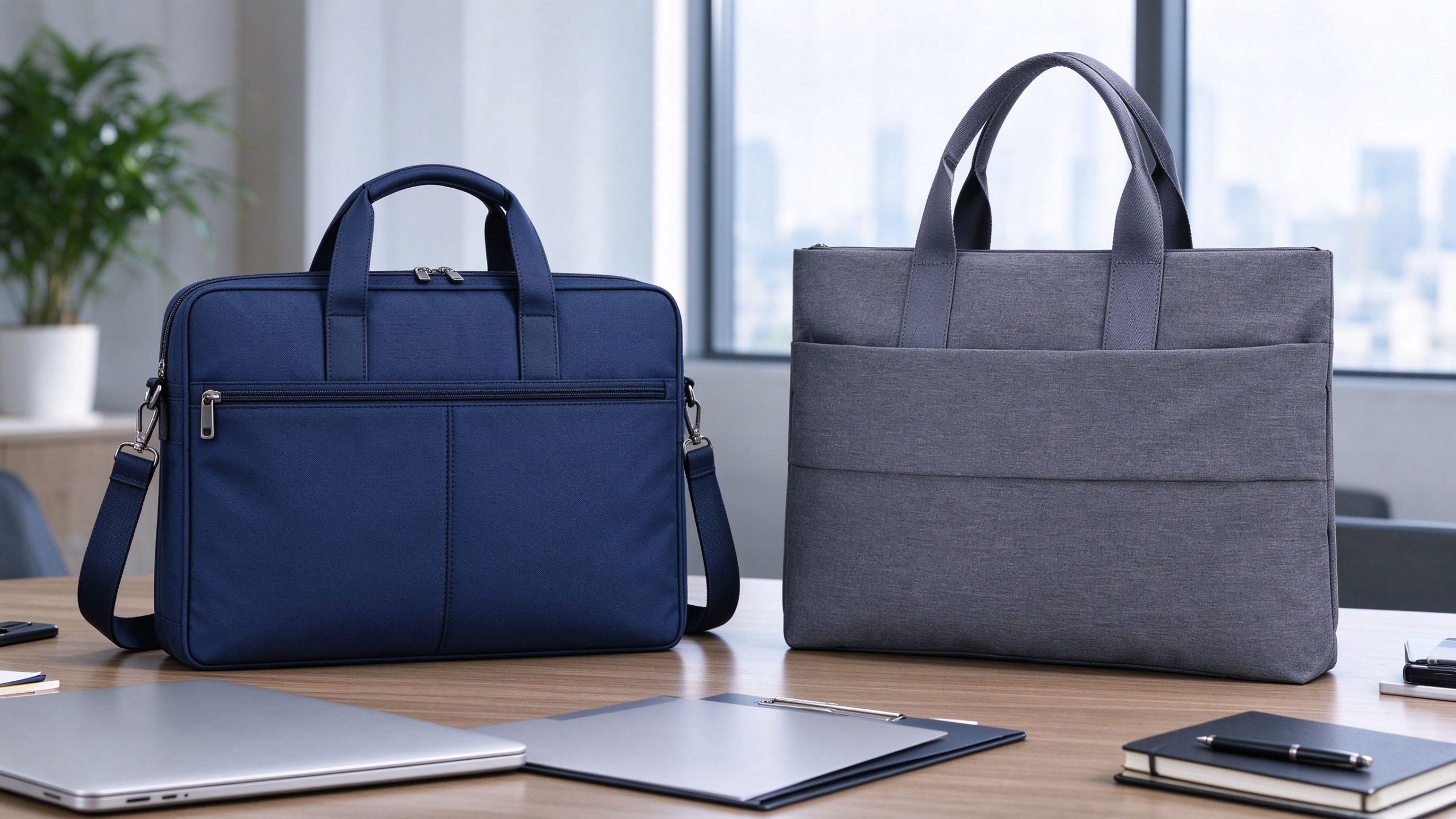 Satchel Bag vs Tote Bag for Work: Which Is Better? 49 Structured satchel bag and professional tote bag compared side by side with a laptop and office documents