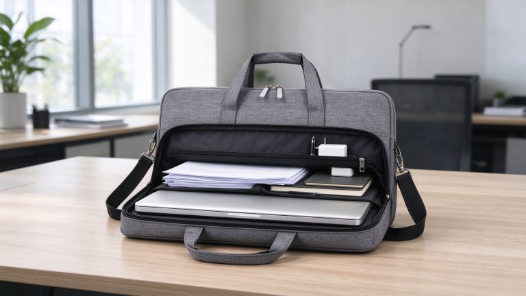 What is a briefcase? Modern business briefcase with laptop, documents, notebook and accessories on an office desk